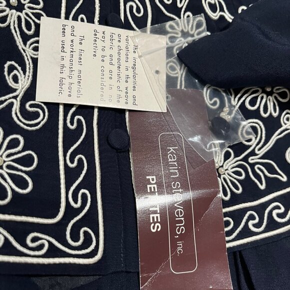 VTG Karin Stevens Navy Blue Mandarin Collar Jacket Dress w/ White Soutache Trim - Picture 13 of 16